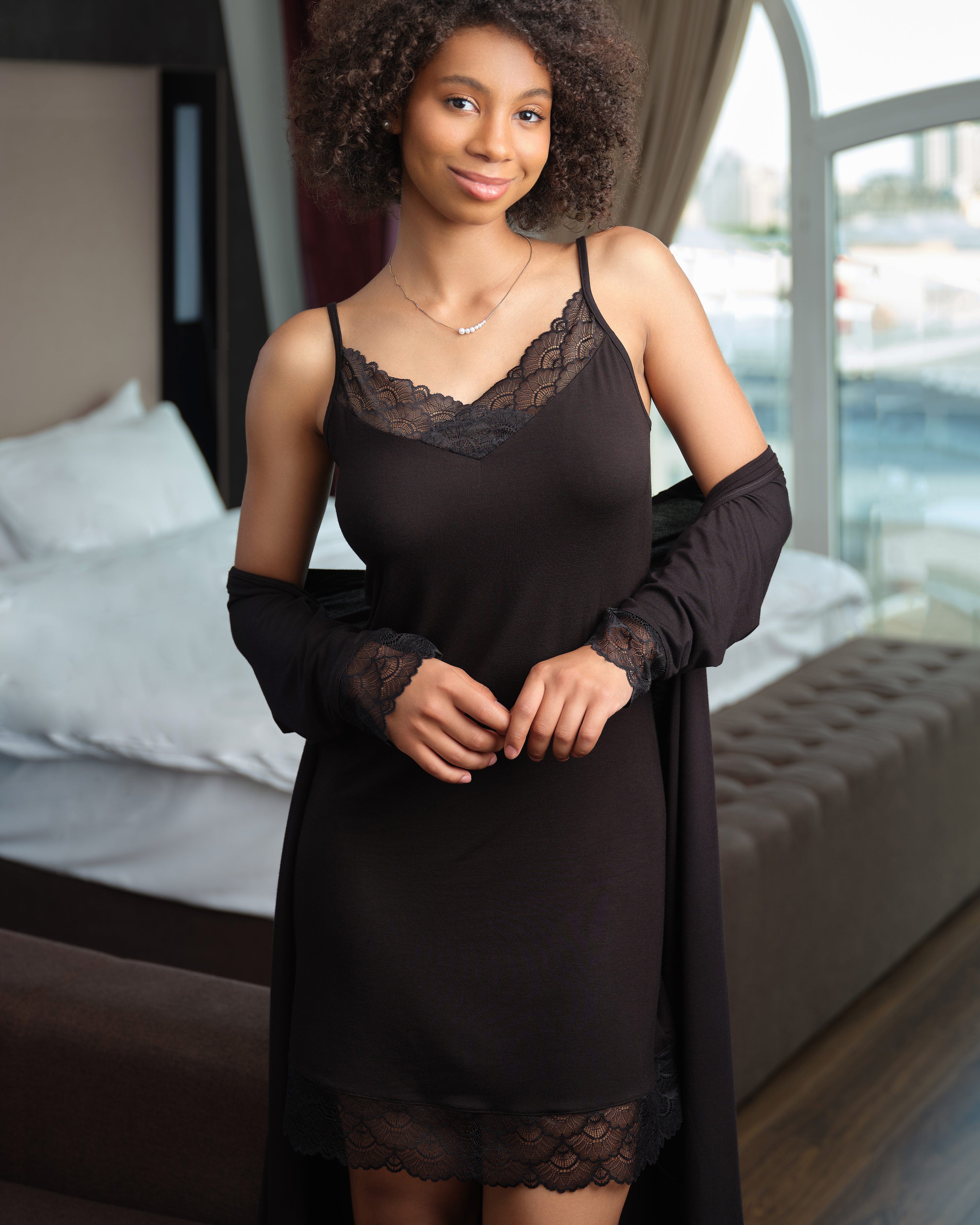 Bamboo 3/4 sleeve Robe 02105 black