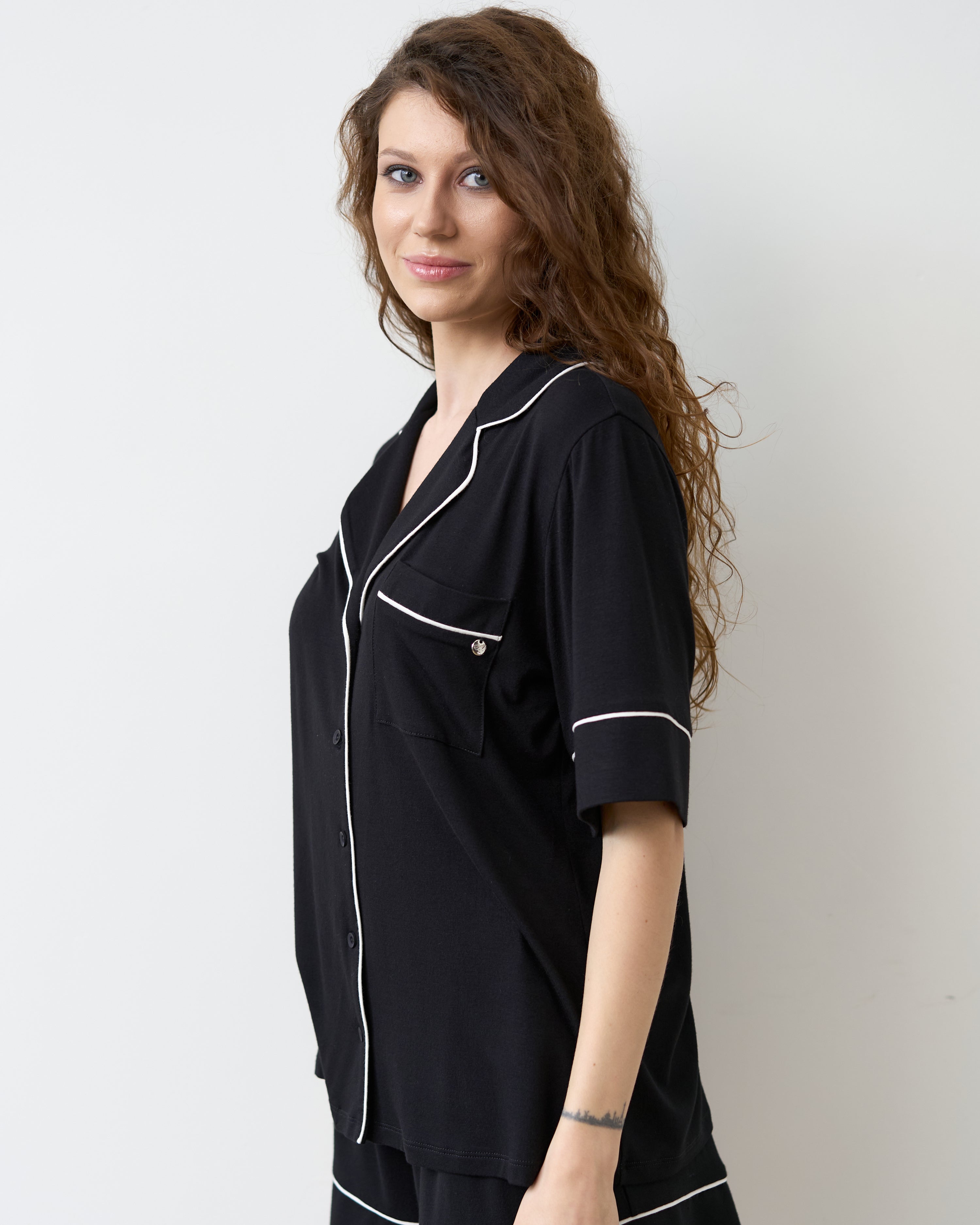 Bamboo button-up short sleeve Shirt 02115/1 black