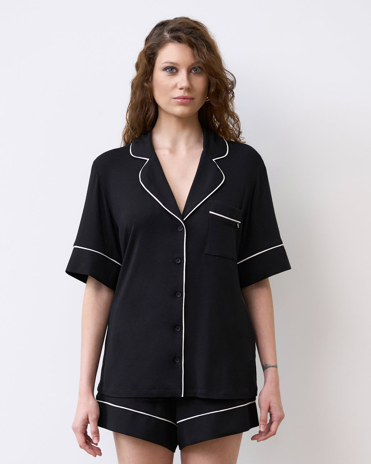 Bamboo button-up short sleeve Pajama set with shorts 02115 black