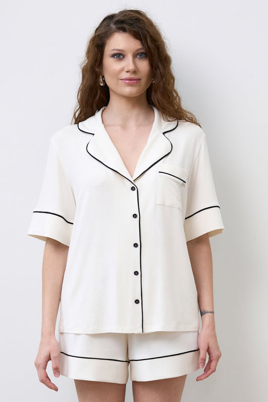 Womens bamboo Button-Up Short Sleeve Pajama Set with Shorts 02115