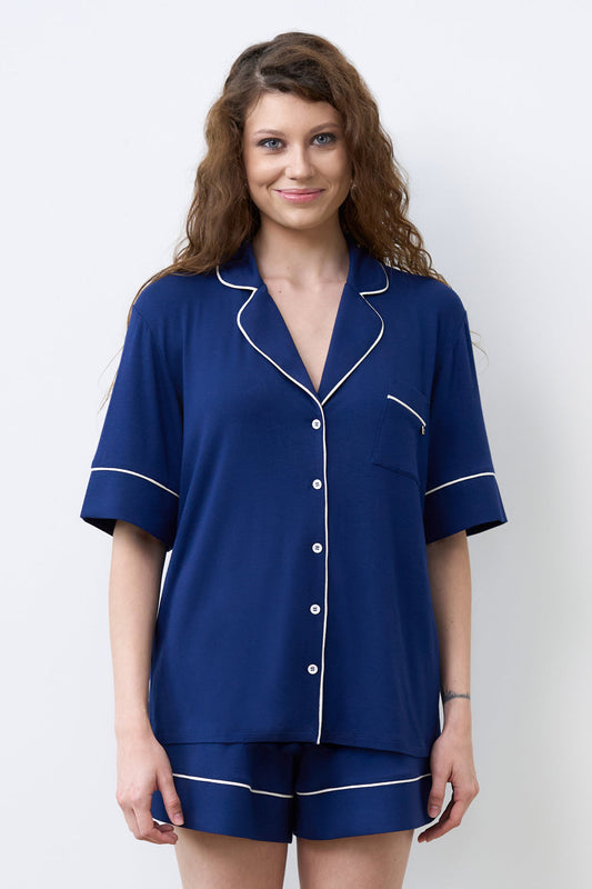 Womens bamboo Button-Up Short Sleeve Pajama Set with Shorts 02115