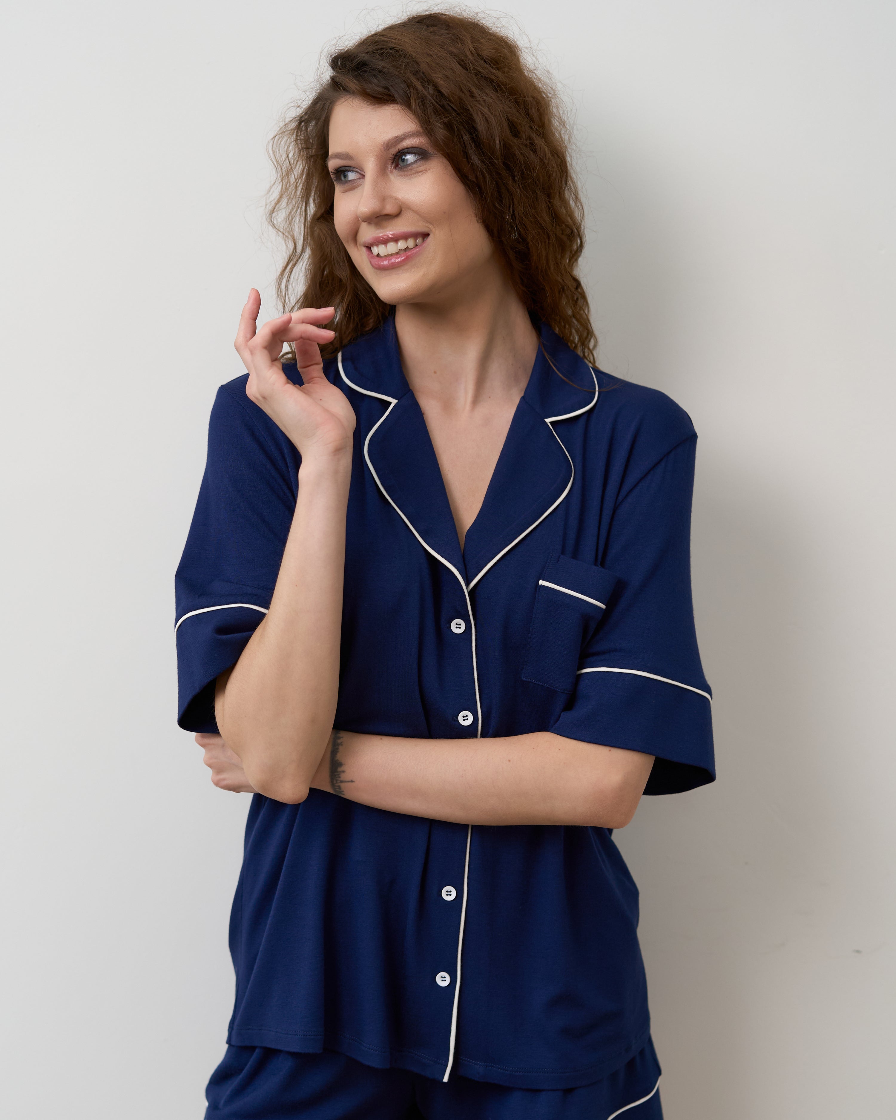 Bamboo button-up short sleeve Shirt 02115/1 navy