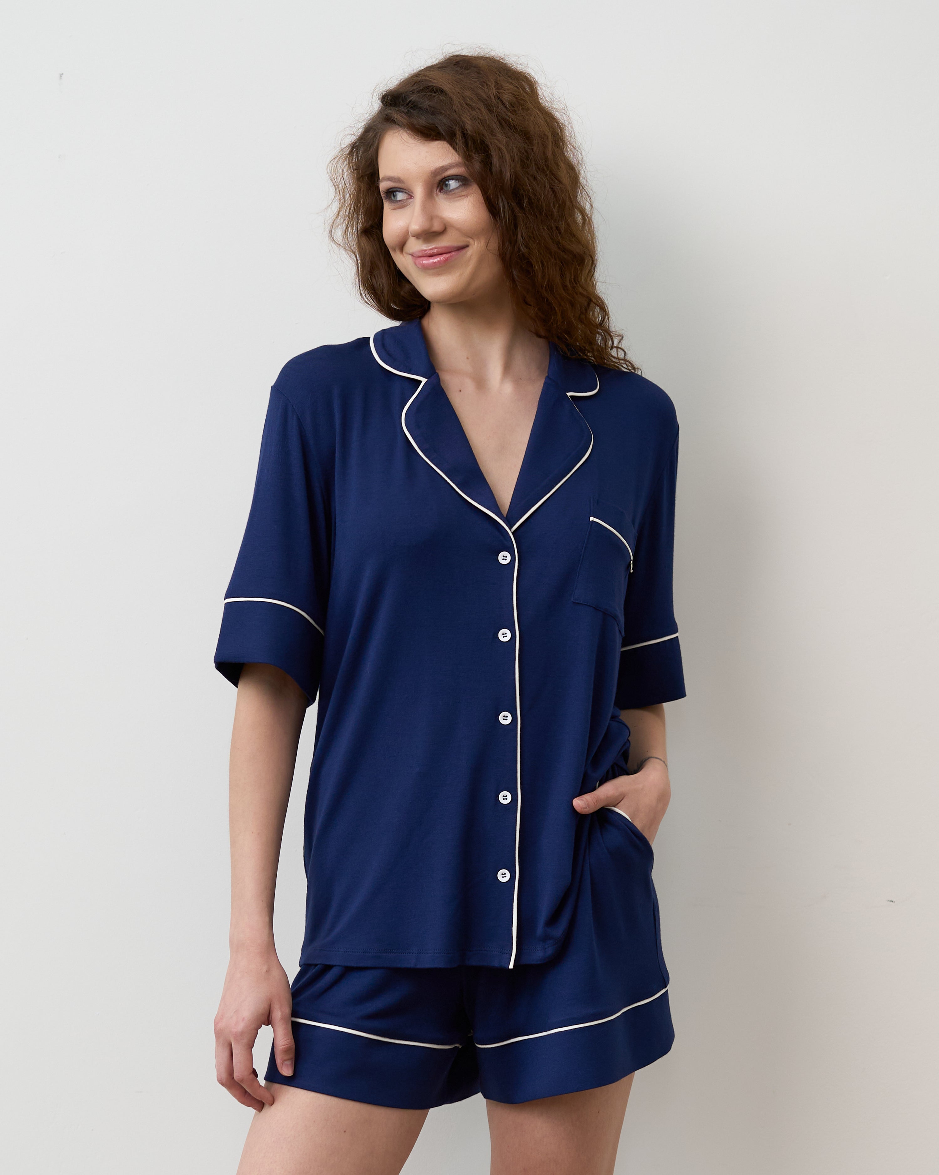 Bamboo button-up short sleeve Pajama set with shorts 02115 navy