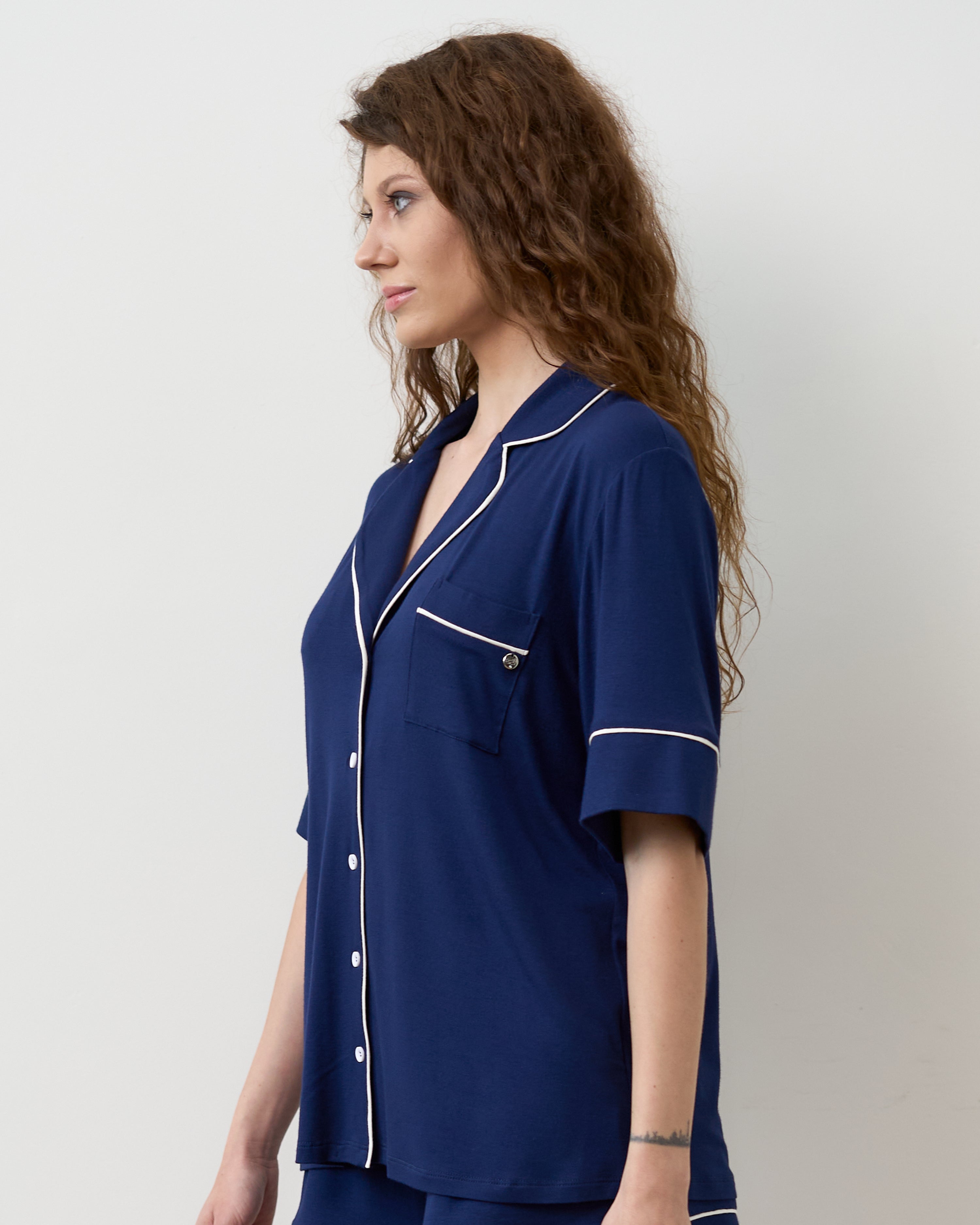 Bamboo button-up short sleeve Shirt 02115/1 navy