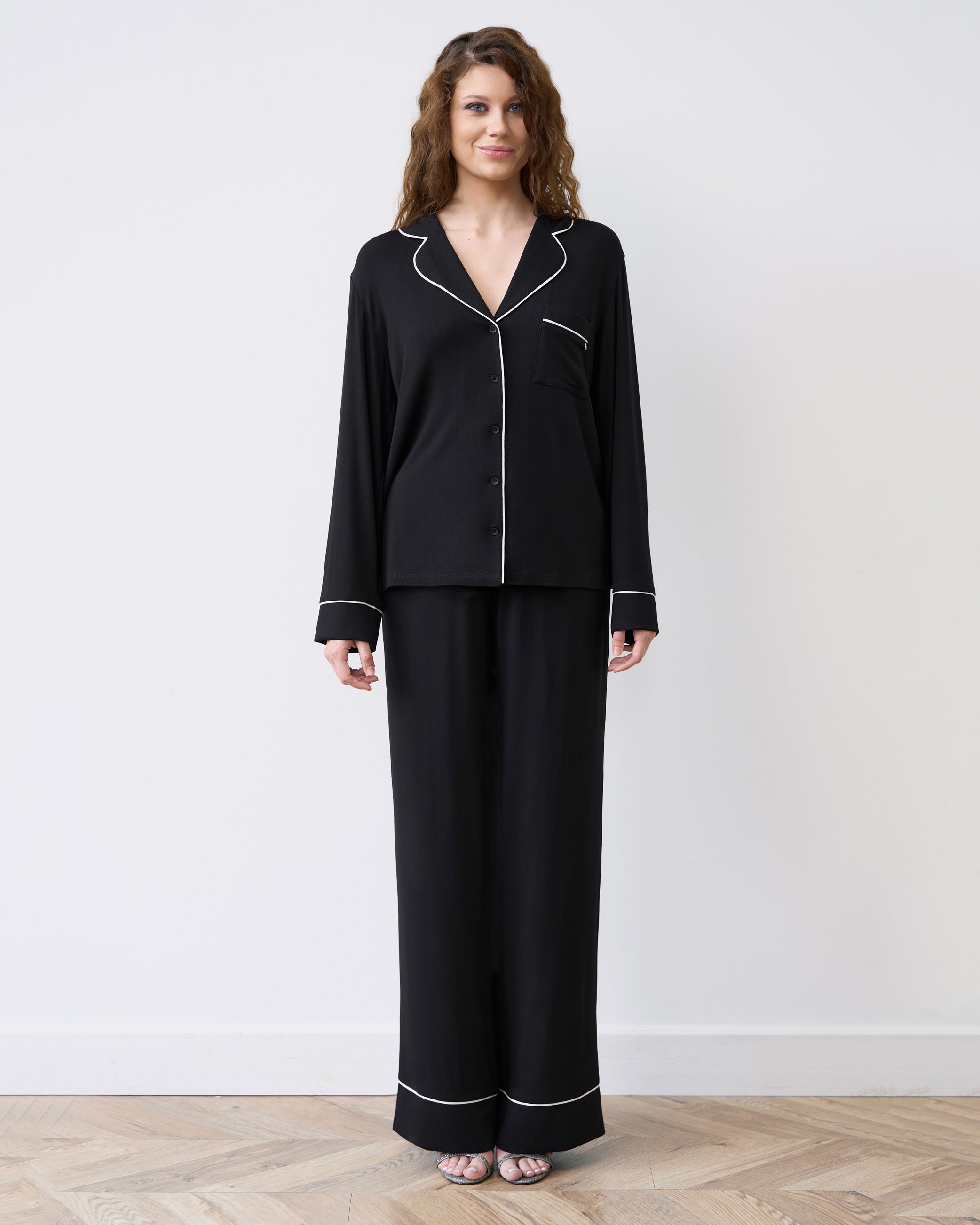 Bamboo button-up long sleeve Pajama set with pants 02116 black