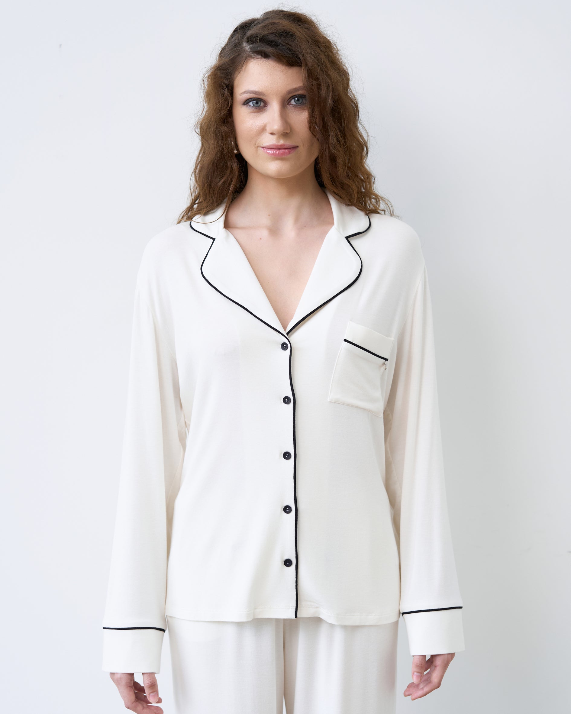 Bamboo button-up long sleeve Pajama set with pants 02116 ivory