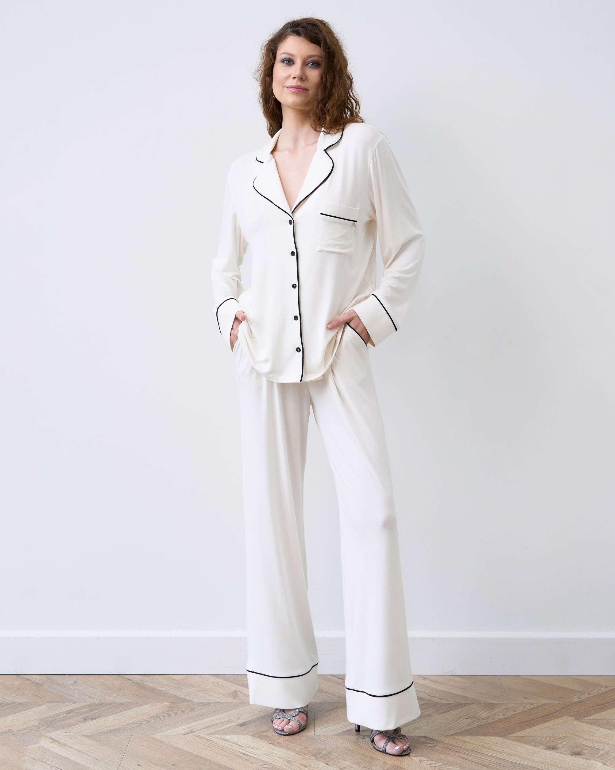 Bamboo button-up long sleeve Pajama set with pants 02116 ivory