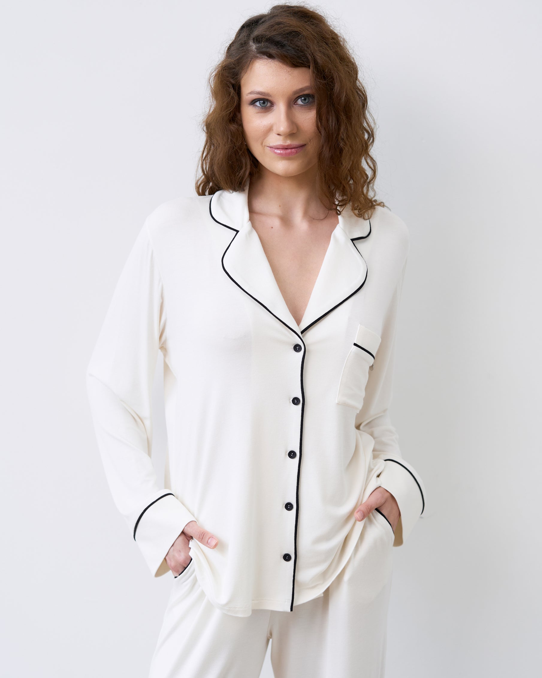 Bamboo button-up long sleeve Pajama set with pants 02116 ivory