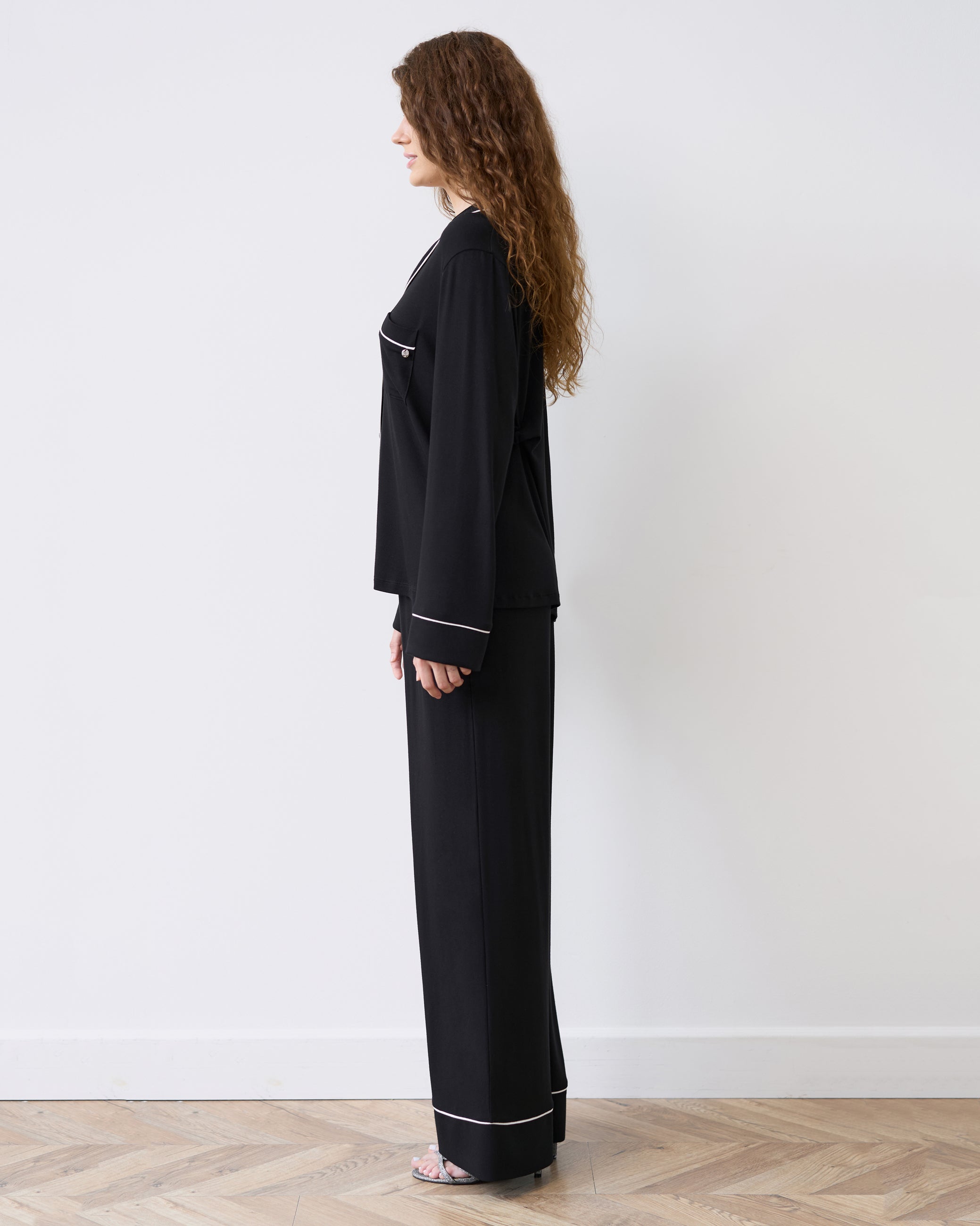 Bamboo button-up long sleeve Pajama set with pants 02116 black