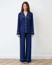 Bamboo button-up long sleeve Pajama set with pants 02116 navy