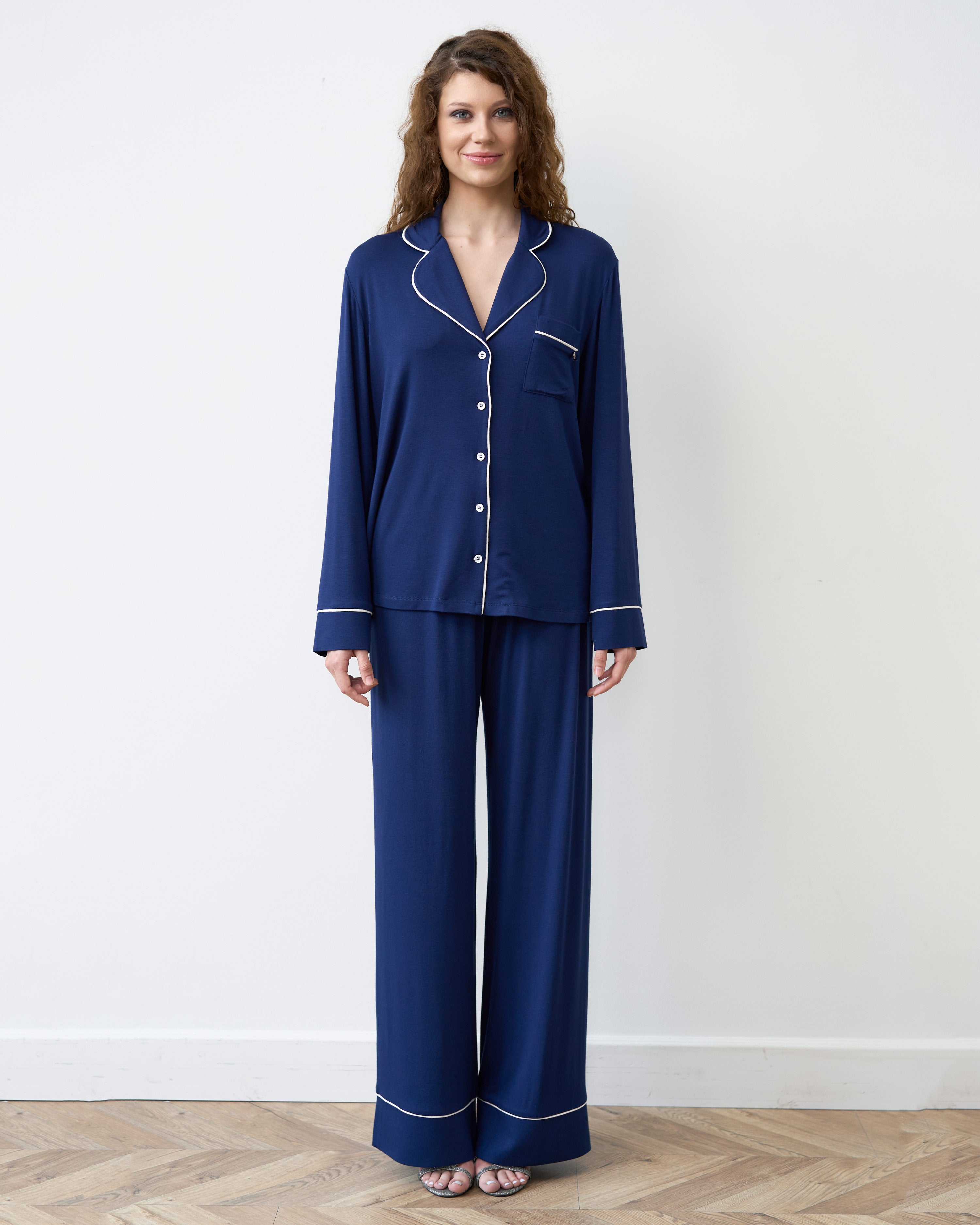 Bamboo button-up long sleeve Pajama set with pants 02116 navy
