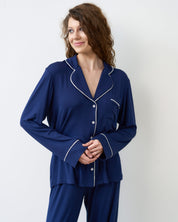 Bamboo button-up long sleeve Pajama set with pants 02116 navy