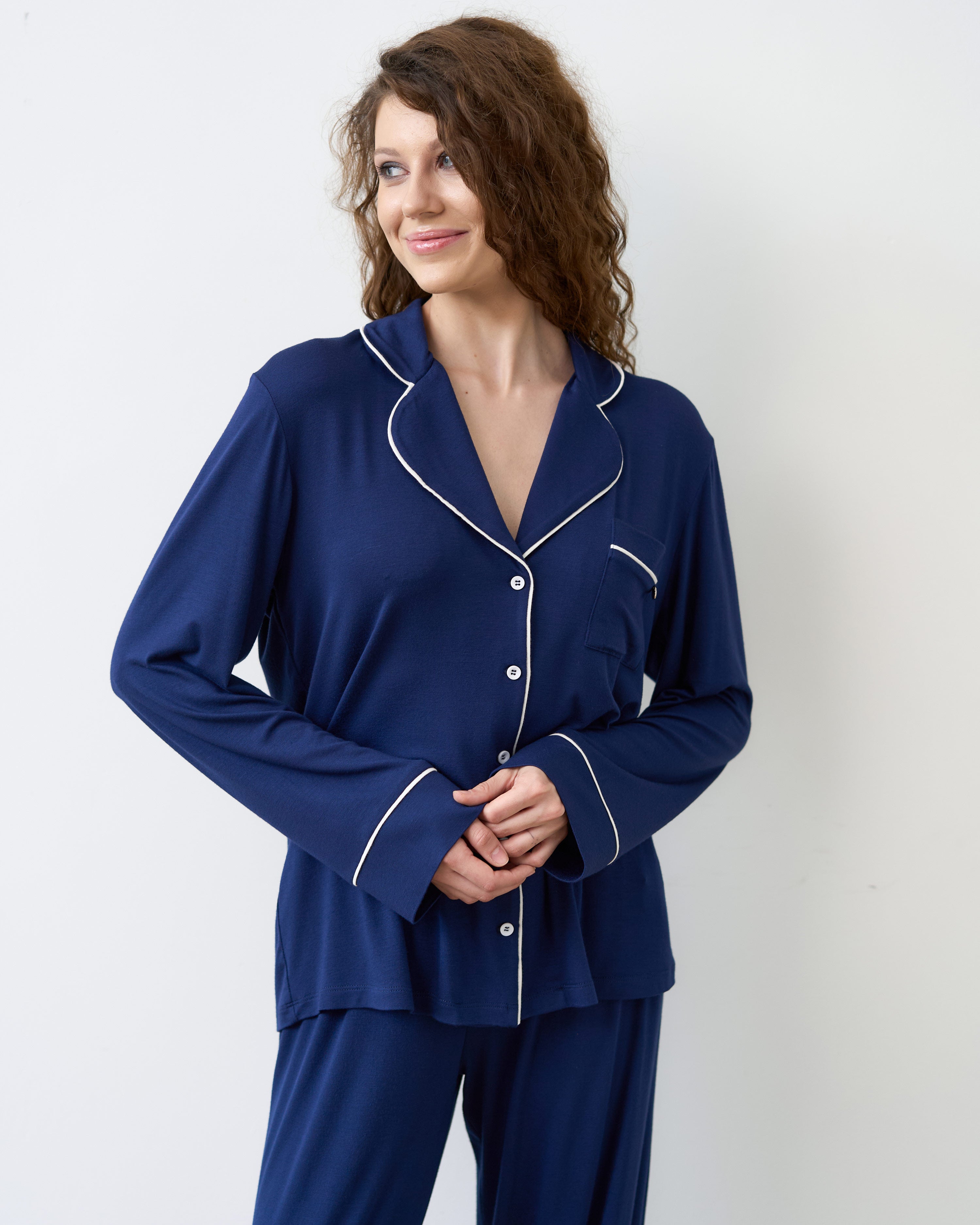 Bamboo button-up long sleeve Pajama set with pants 02116 navy
