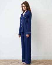 Bamboo button-up long sleeve Pajama set with pants 02116 navy