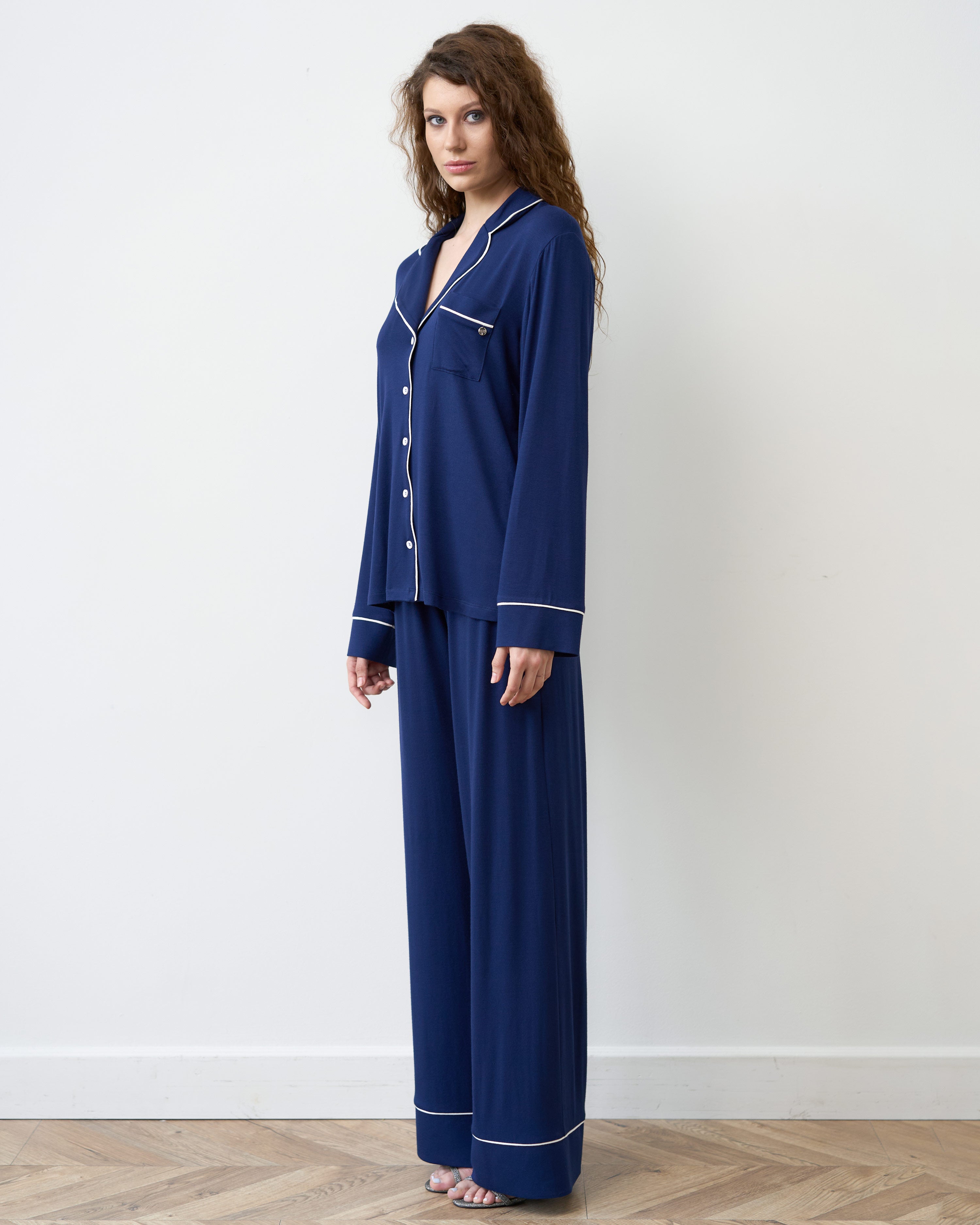 Bamboo button-up long sleeve Pajama set with pants 02116 navy