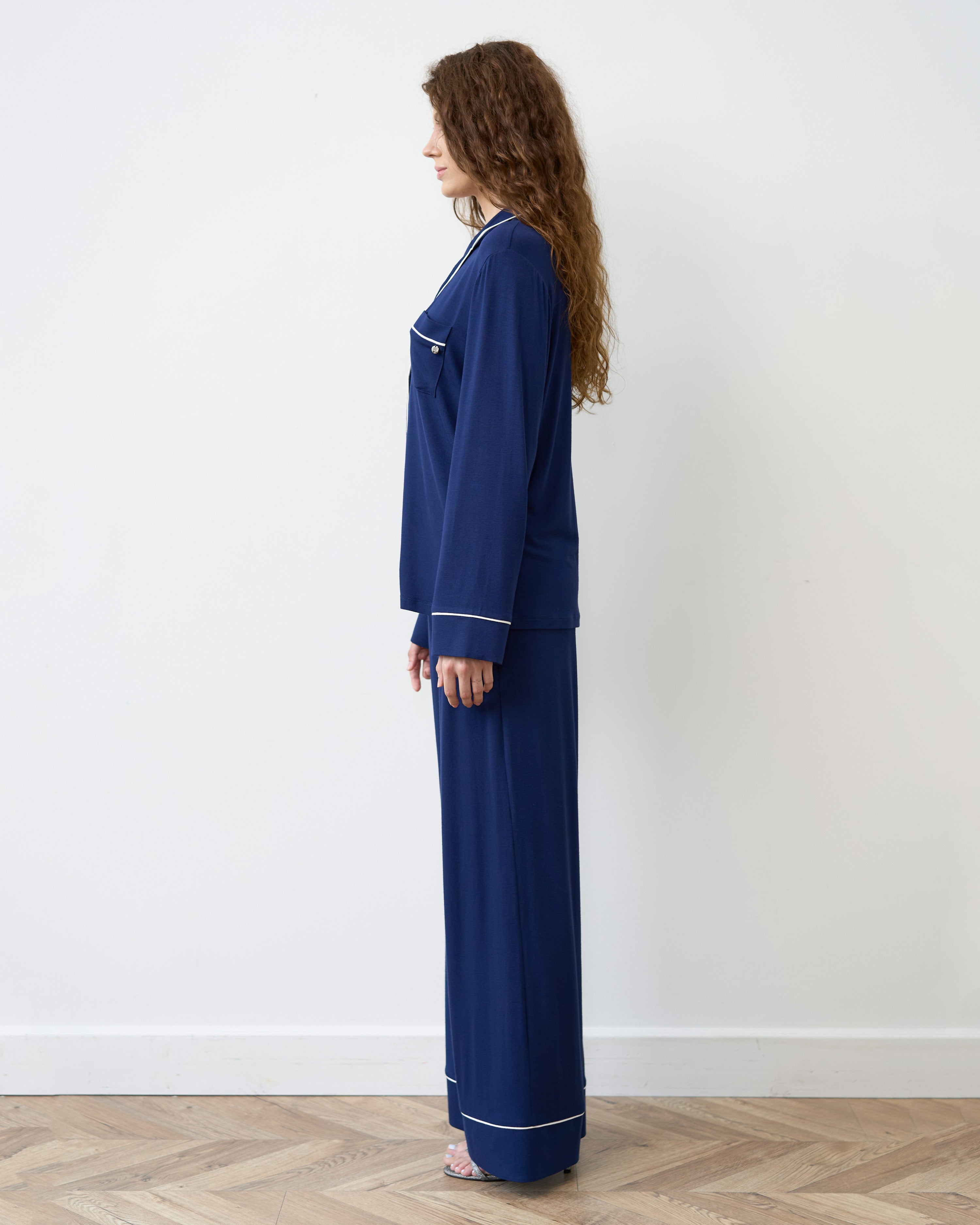 Bamboo button-up long sleeve Pajama set with pants 02116 navy