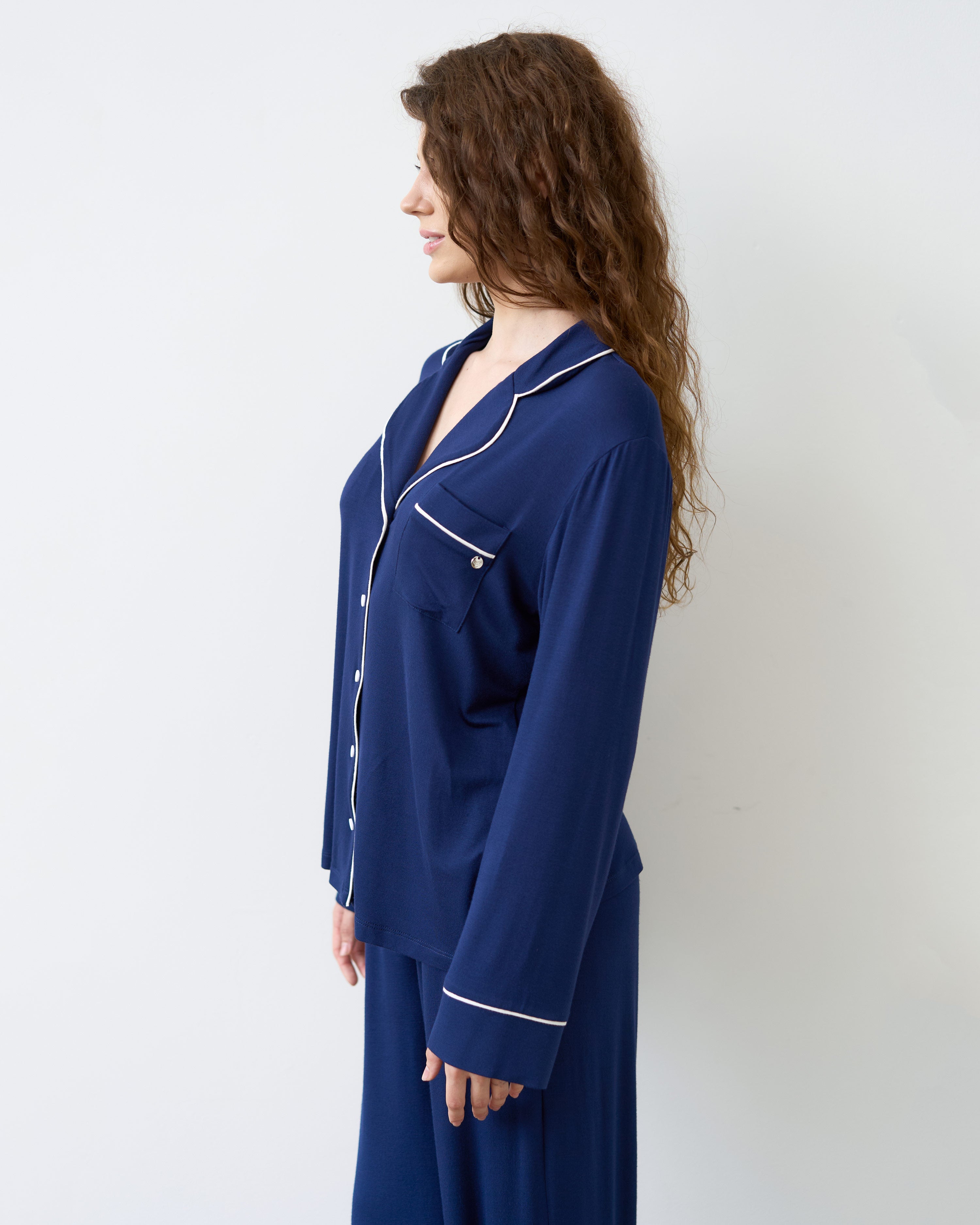 Bamboo button-up long sleeve Pajama set with pants 02116 navy