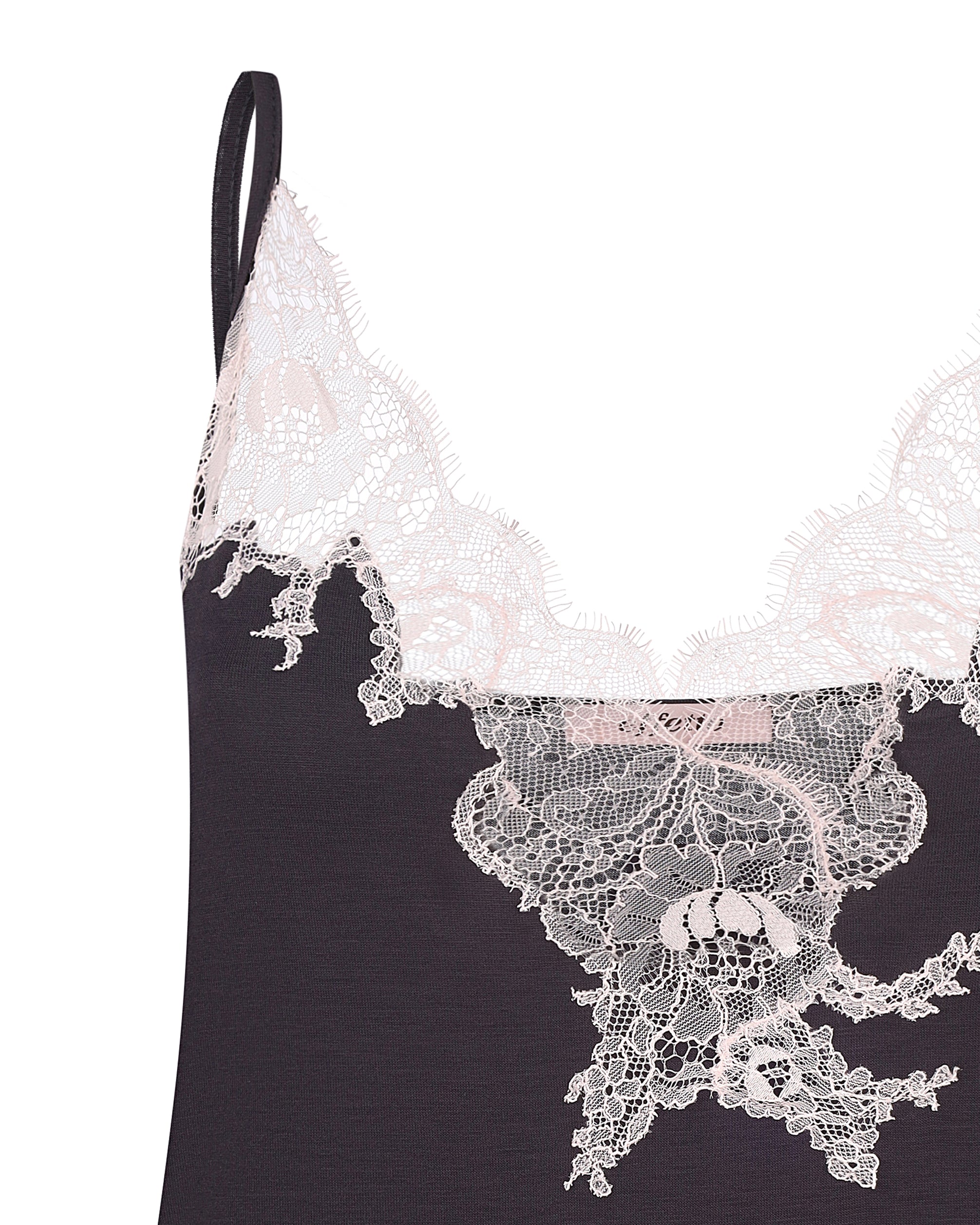 Effetto bamboo chemise spaghetti strap 03162 – women's sleepwear, smoke grey
Black lace lingerie with white lace trim on a white background