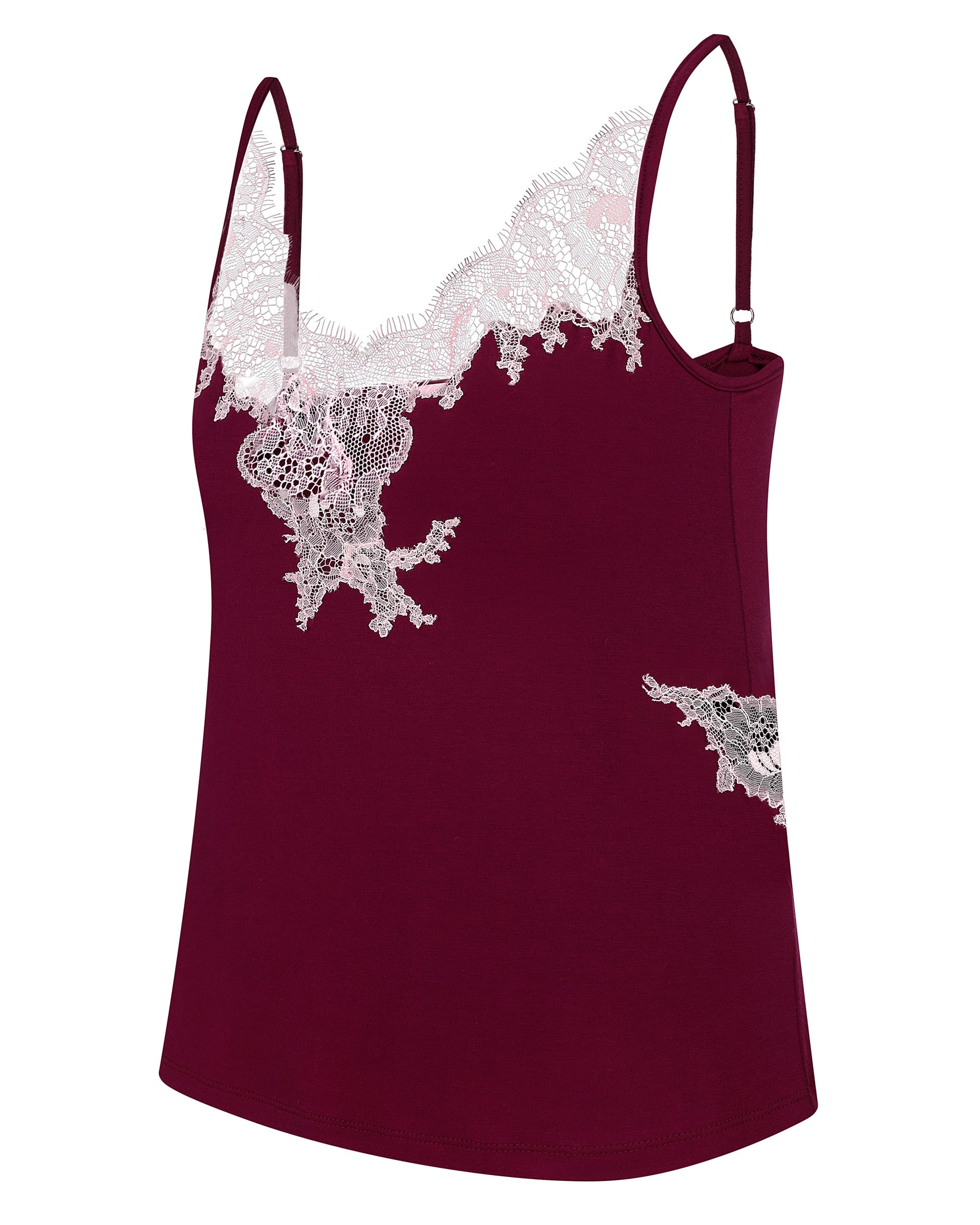 Effetto bamboo camisole pajama set 03163 – women's sleepwear, cherry lacquer
Maroon camisole with white lace details on a white background