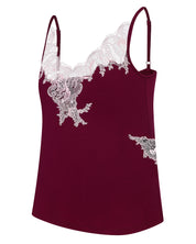 Effetto bamboo camisole pajama set 03163 – women's sleepwear, cherry lacquer
Maroon camisole with white lace details on a white background
