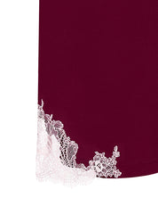 Effetto bamboo camisole pajama set 03163 – women's sleepwear, cherry lacquer
Maroon fabric with white lace trim on a white background