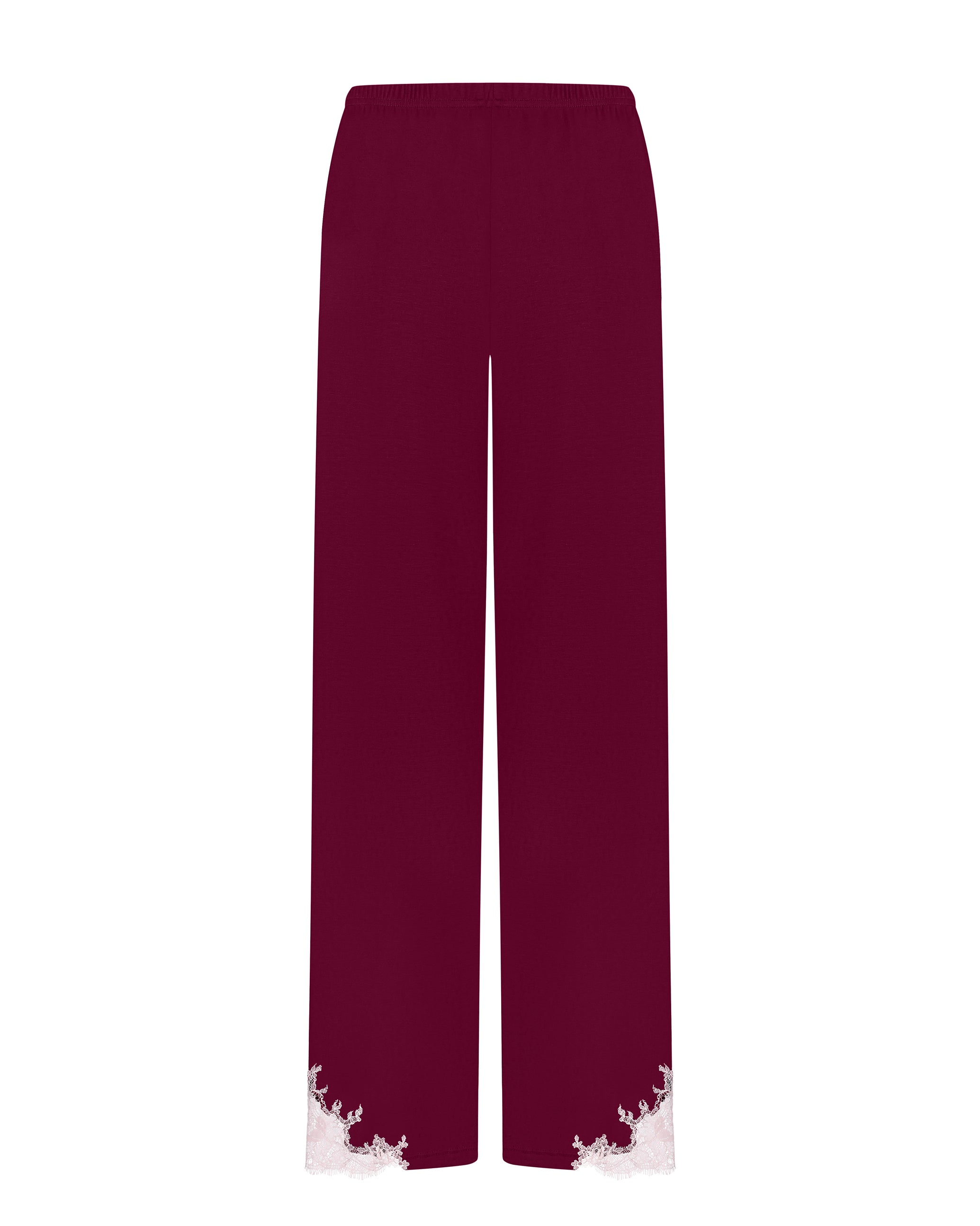 Effetto bamboo camisole pajama set 03163 – women's sleepwear, cherry lacquer
Maroon pants with white floral embroidery on a white background