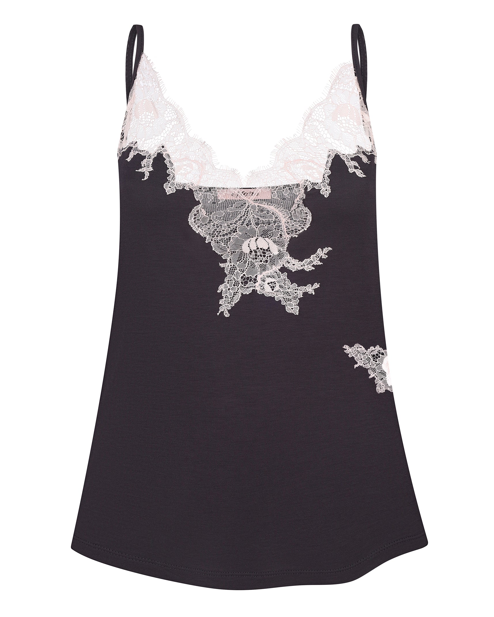 Effetto bamboo camisole pajama set 03163 – women's sleepwear, smoke grey
Black slip dress with white lace details on a white background