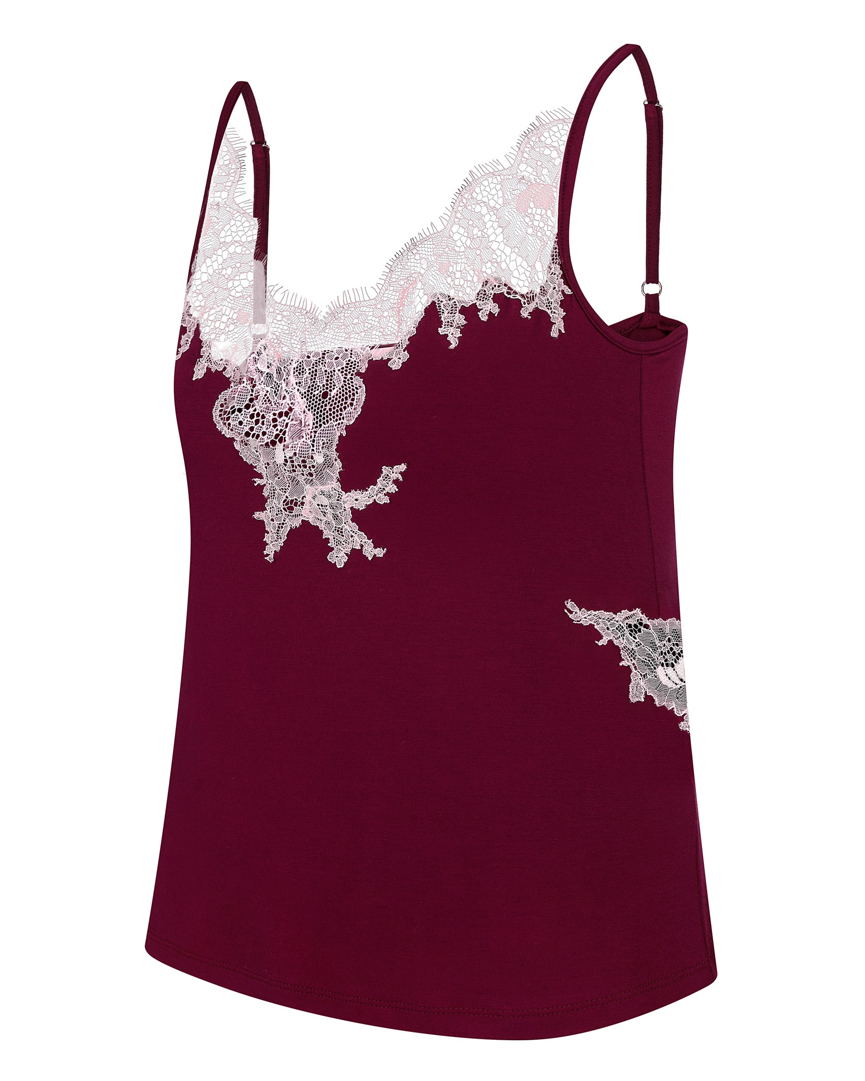 Effetto bamboo cami shorts set 03163 – women's sleepwear, cherry lacquer
Maroon tank top with lace detailing on a white background