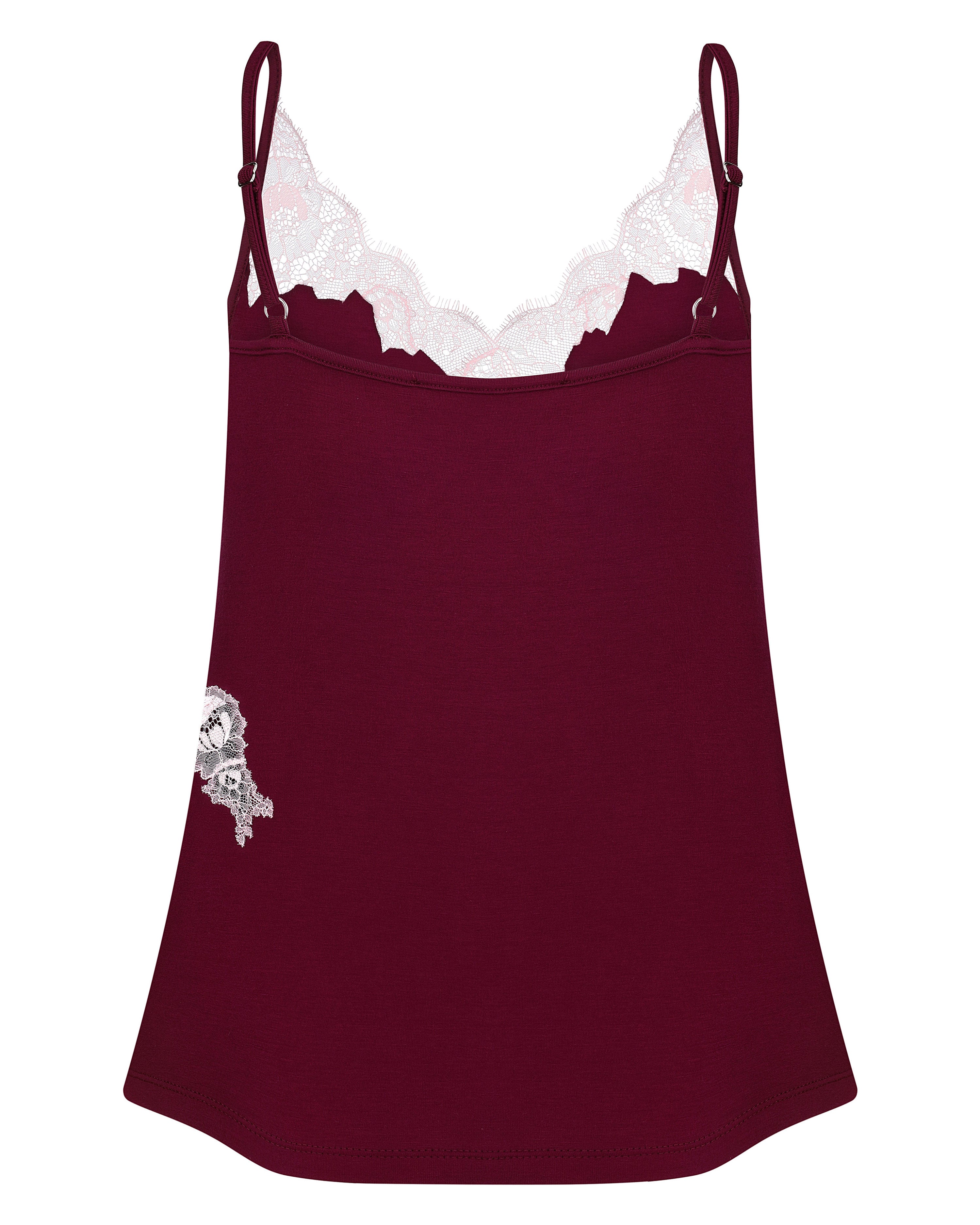 Effetto bamboo camisole pajama set 03163 – women's sleepwear, cherry lacquer
Maroon slip dress with lace trim on a white background