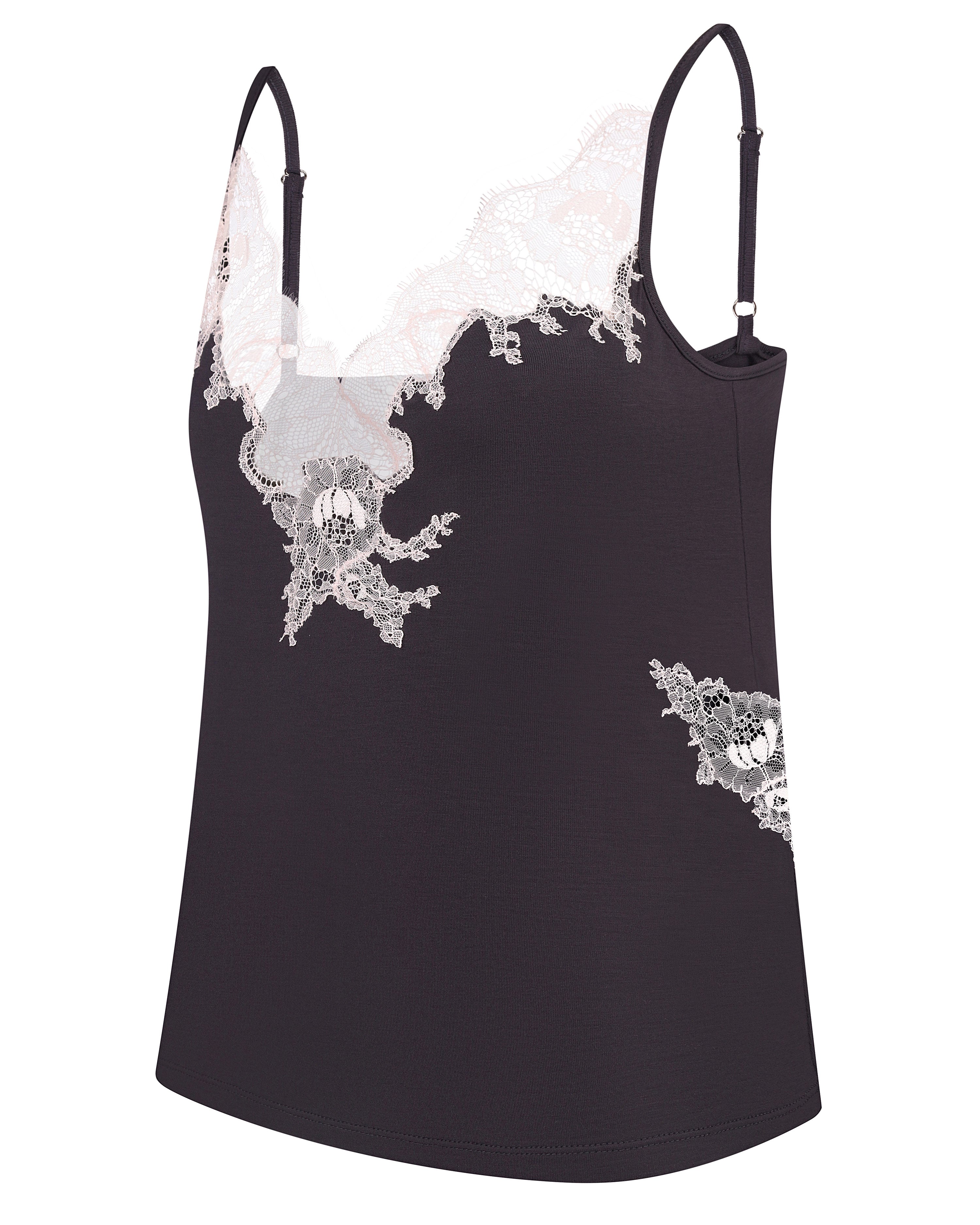 Effetto bamboo cami shorts set 03163 – women's sleepwear, smoke grey
Black tank top with white lace details on a white background