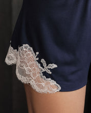Effetto bamboo camisole pajama set 03163 – women's sleepwear, navy
Navy blue shorts with white lace trim on a black background