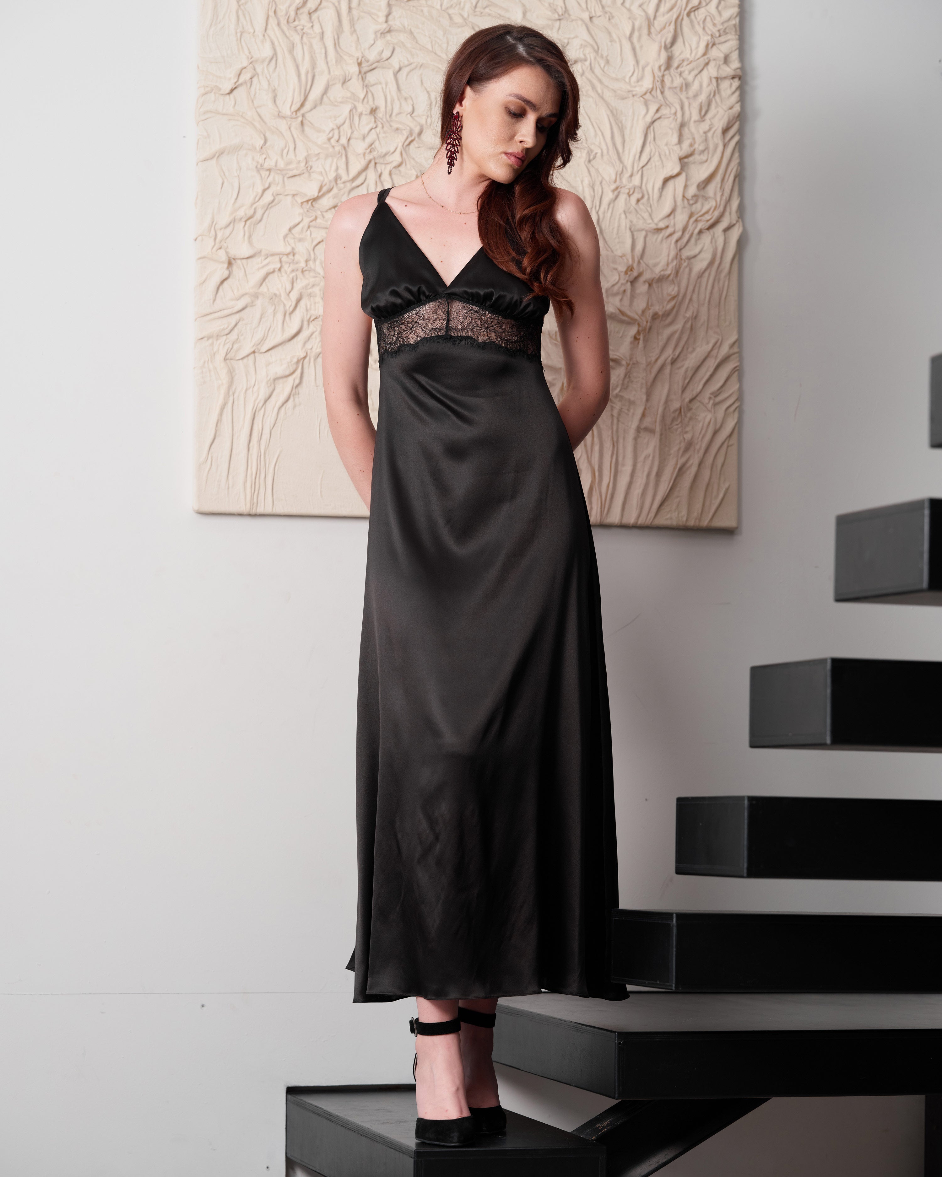 Silk Nightgown with lace detail 04108SL black