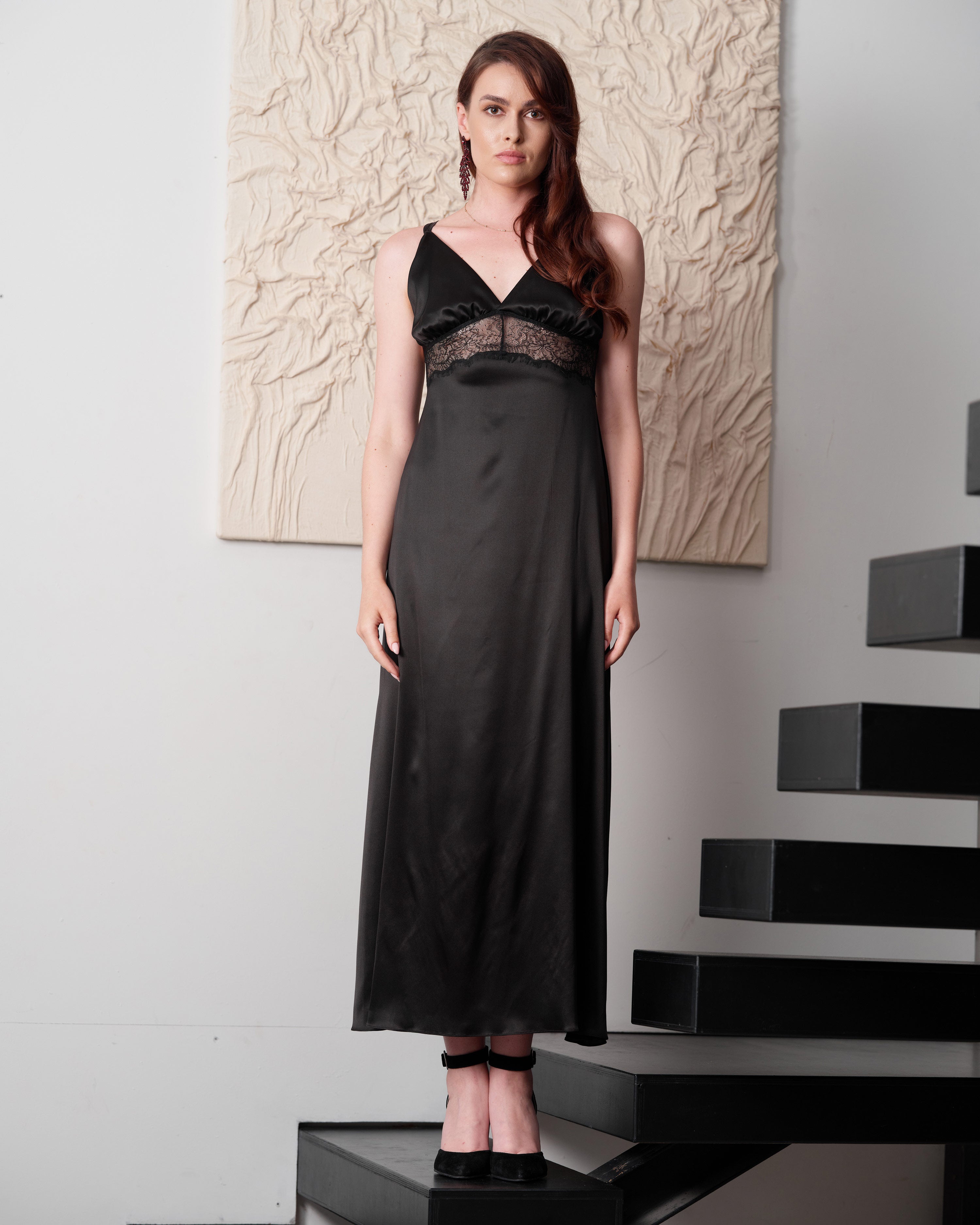 Silk Nightgown with lace detail 04108SL black