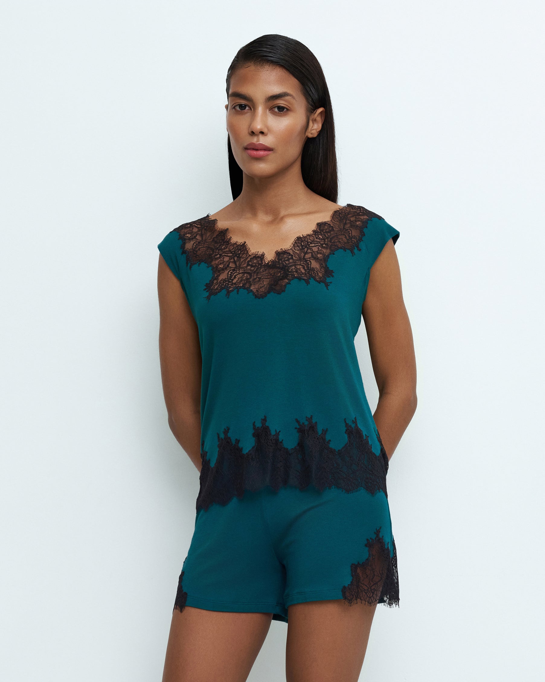 Bamboo cap-sleeve shorts Set 03321 midnight pine