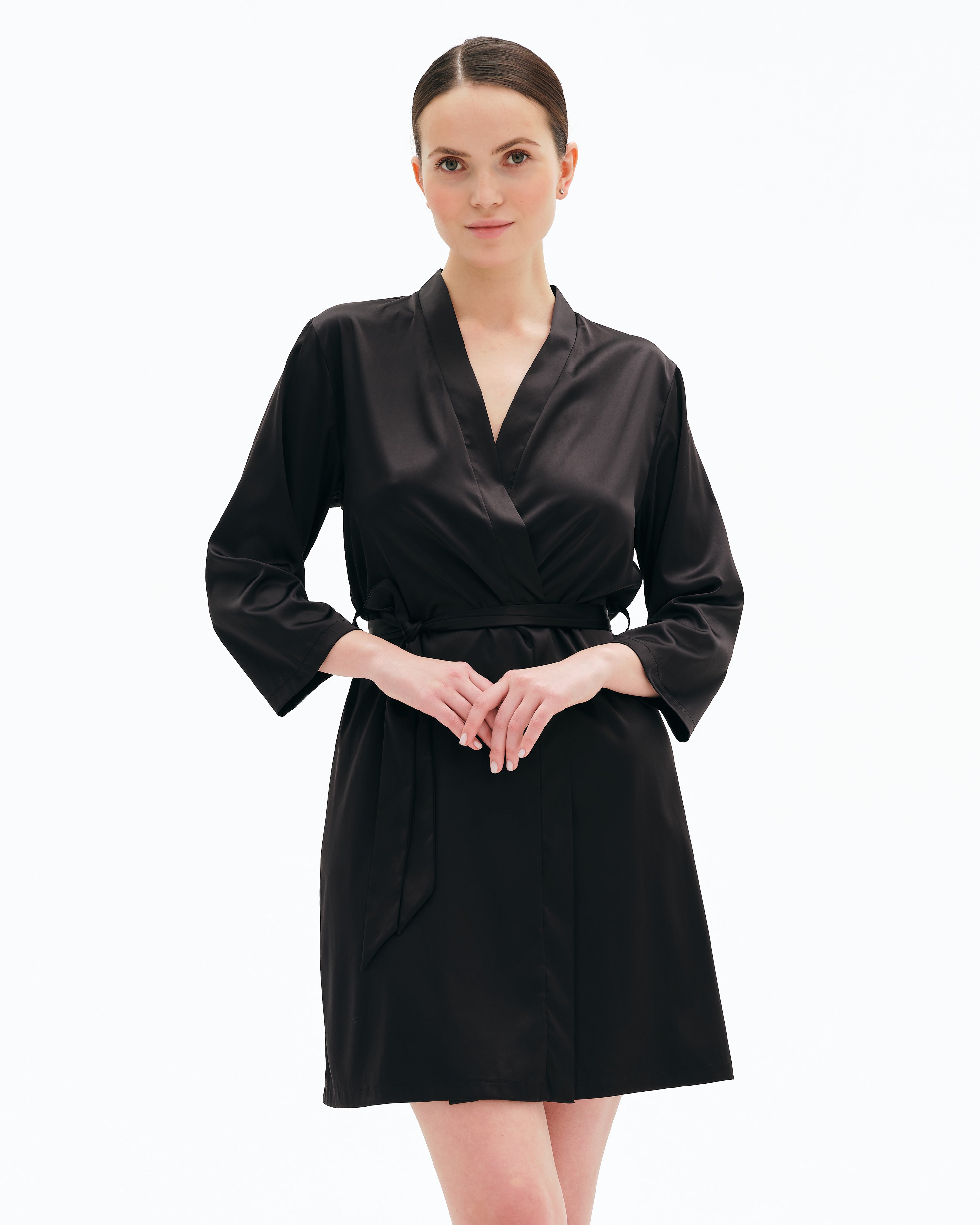 Satin 3/4 sleeve Robe S03200 black