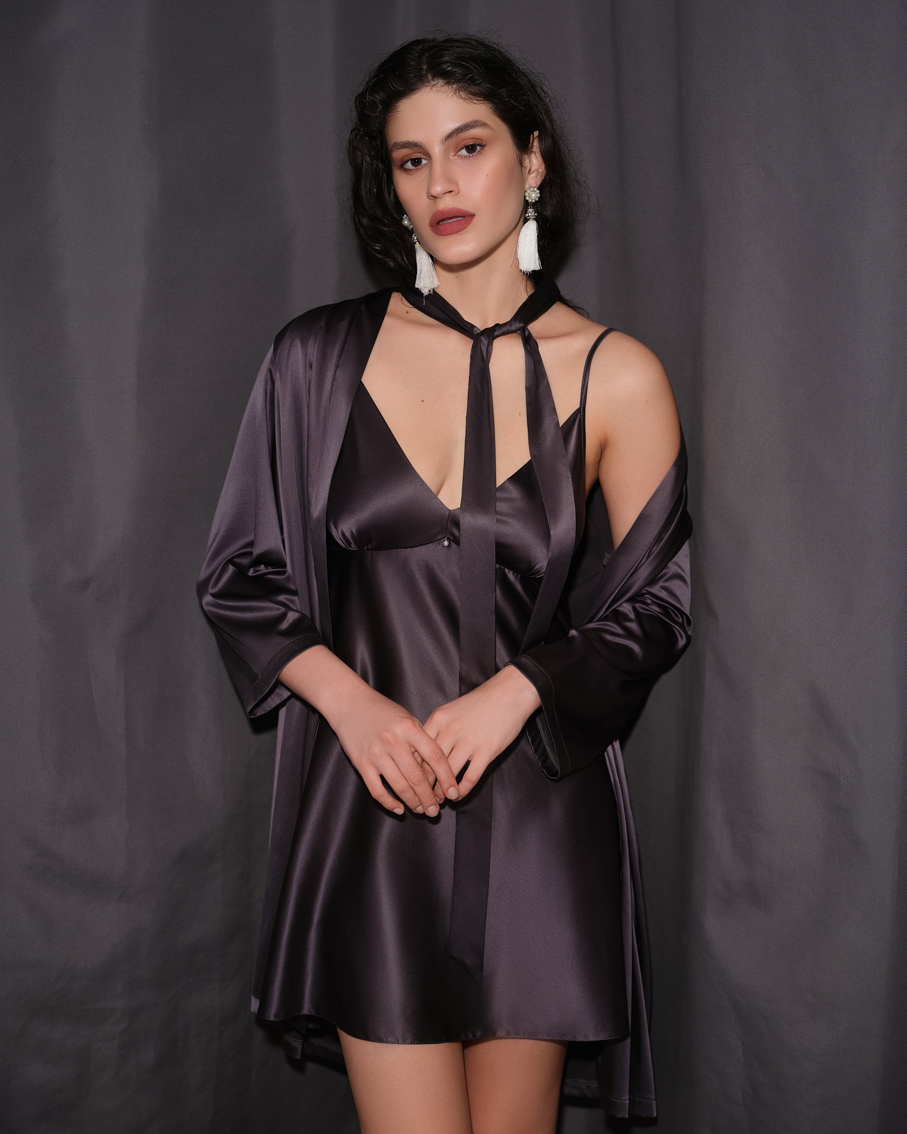 Satin 3/4 sleeve Robe S03200 grey