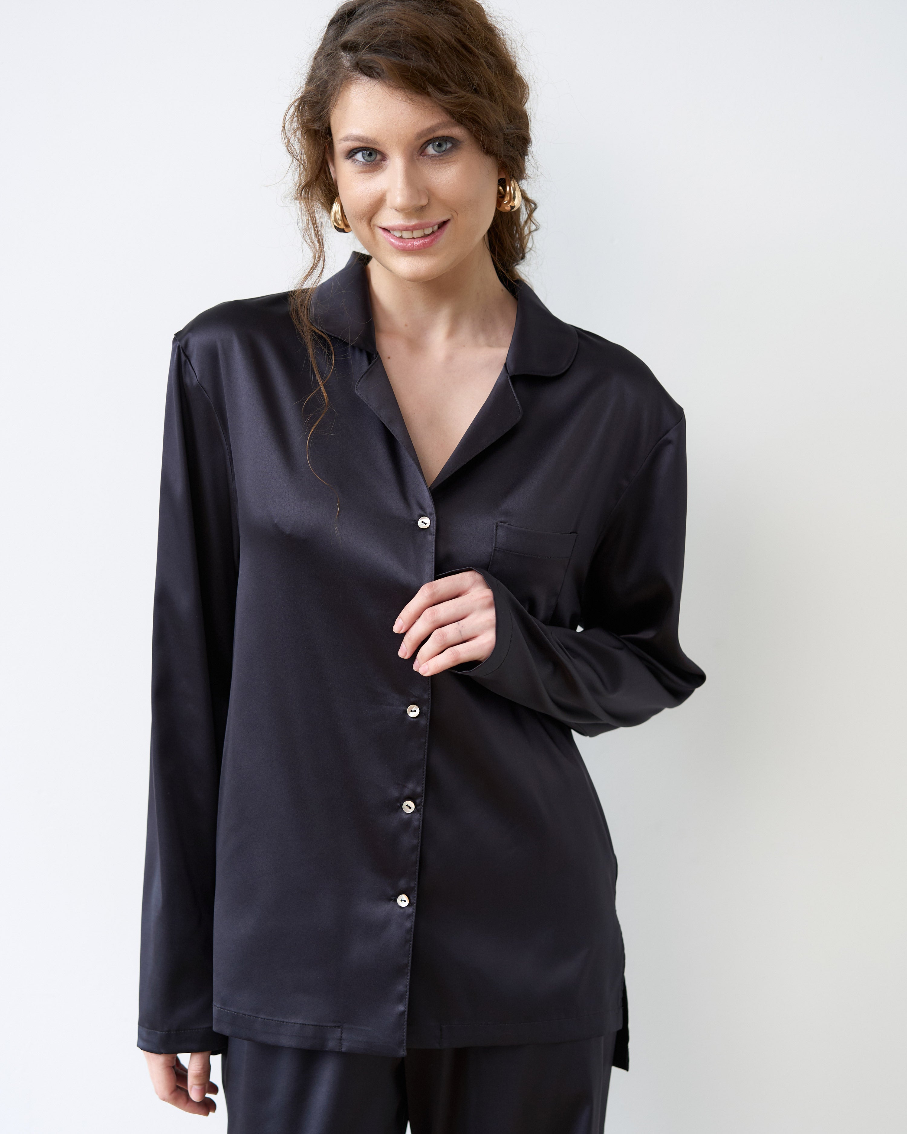 Satin button-up long sleeve Pajama set S03401 black