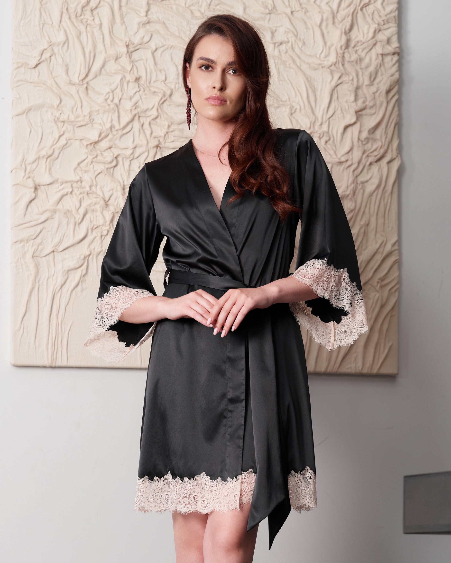Satin 3/4 sleeve Robe S03414 black